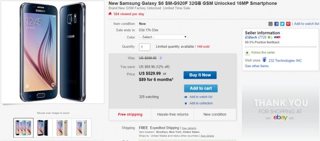 Fotografía - [Offre Alerte] international Unlocked Galaxy S6 (G920F) en vente pour 529,99 $ sur eBay
